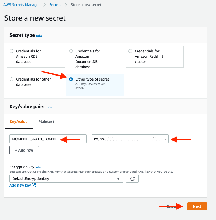 Creating a secret in Secrets Manager