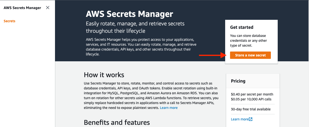 Example showing how to start storing a new secret in AWS Secrets Manager