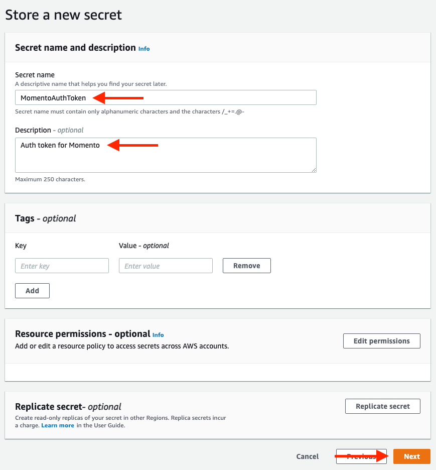 Example showing how to name and describe secret in Secrets Manager